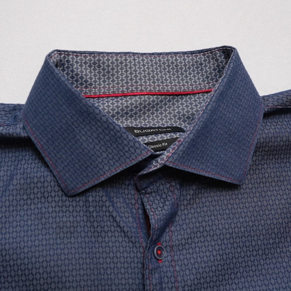 Bugatchi Button Up Mens XL Blue Geometric Long Sleeve Classic Fit Shirt - Picture 4 of 16